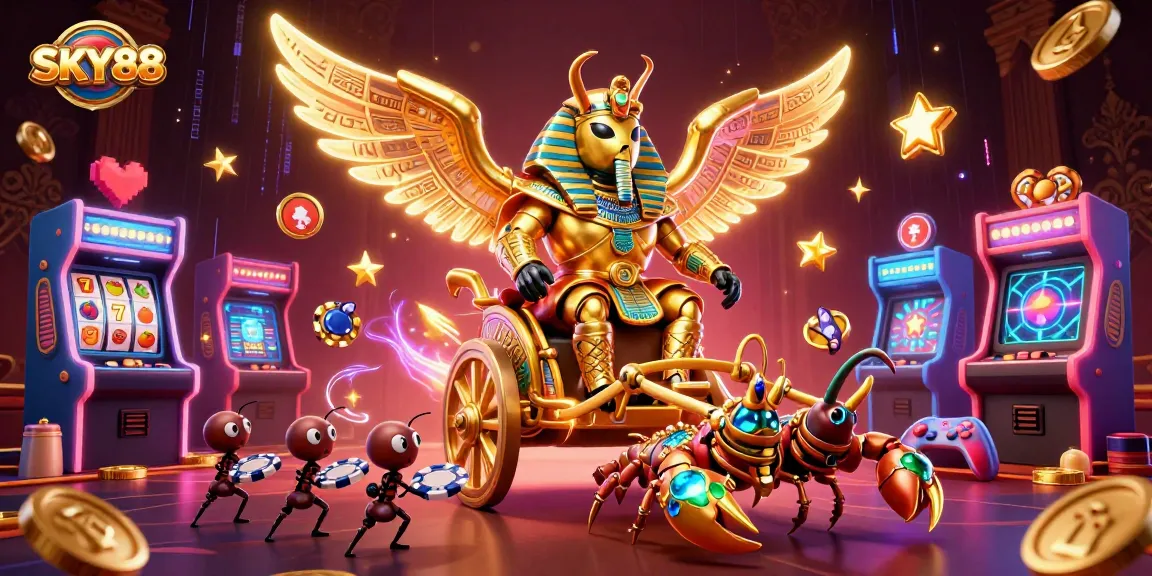 Join the excitement at SKY88 with a vibrant casino illustration featuring classic games and dynamic characters.