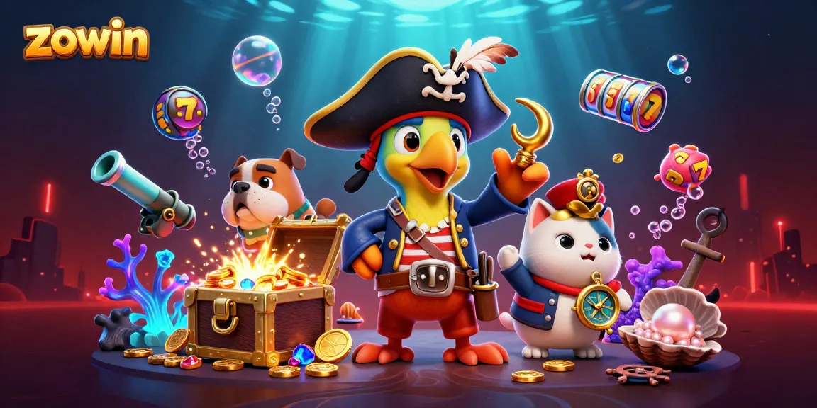 Zowin's vibrant 3D casino scene showcases a pirate parrot and bulldog amidst underwater treasures and slot games.