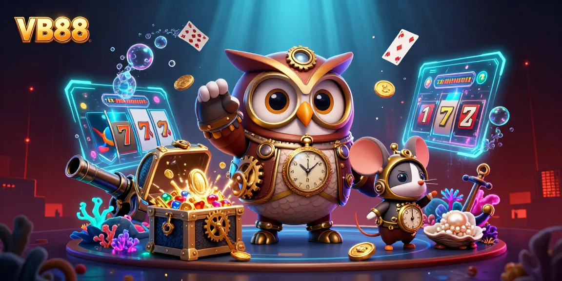 Experience VB88's thrilling slot atmosphere with a steampunk owl and vibrant casino elements.