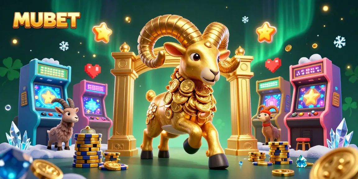 Engage in MUBET excitement with a golden ram headbutting coins amid a vibrant casino scene.