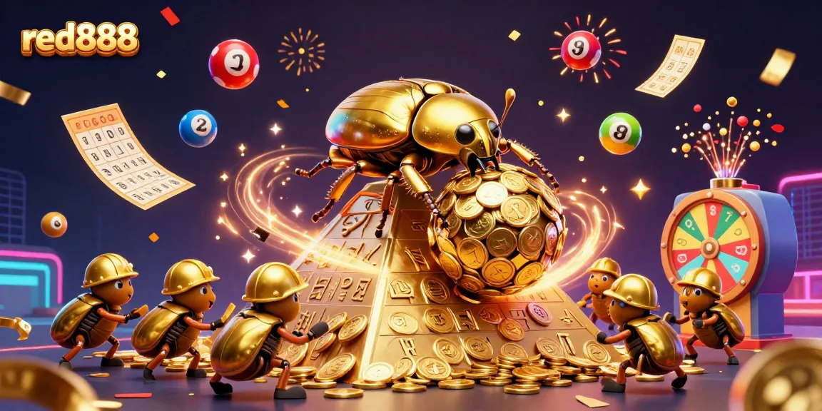 Experience the excitement of red888 with a vibrant casino-themed illustration showcasing lottery elements and golden treasures.