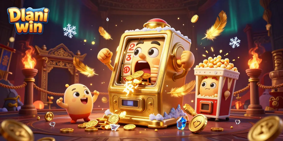 Dhani win features a vibrant scene with a golden slot machine celebrating a big win surrounded by cheering machines and festive elements.