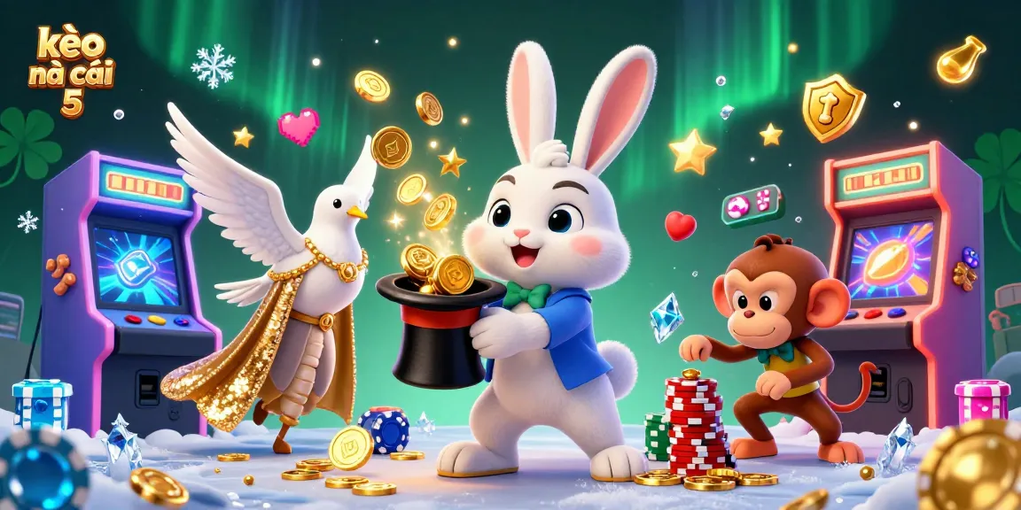 Experience kèo nhà cái 5 with a 3D illustration of a magician rabbit, dove, and monkey in an action-packed casino scene.