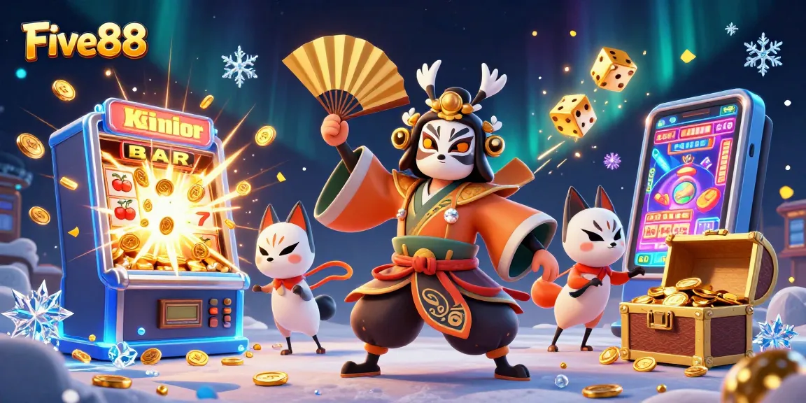 Engage with Five88's vibrant casino world featuring colorful slot machines and dynamic characters.