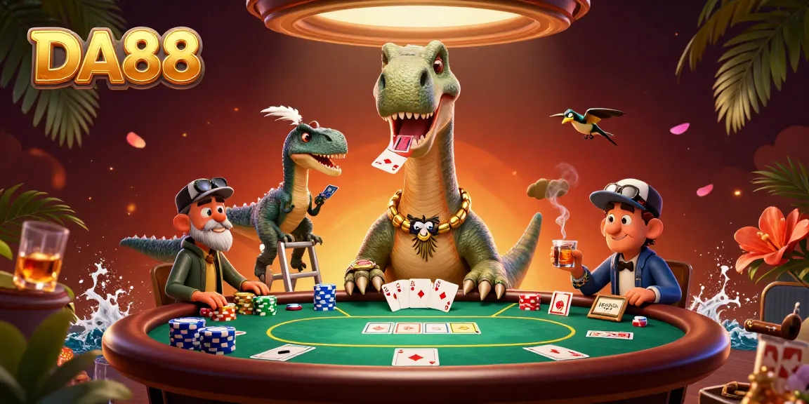 Experience the DA88 poker excitement with a vibrant casino scene featuring interactive dinosaurs.