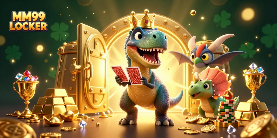 Engage in thrilling gameplay with MM99 LOCKER as cartoon dinosaurs shuffle cards and stack chips in a vibrant casino setting.
