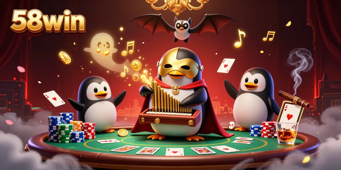 Experience the excitement of 58win with a vibrant casino scene featuring a penguin playing golden notes