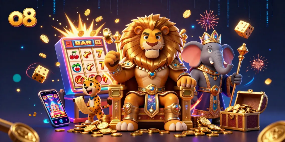 Experience the excitement of o8 with a vivid 3D casino scene showcasing a jackpot explosion and vibrant characters.
