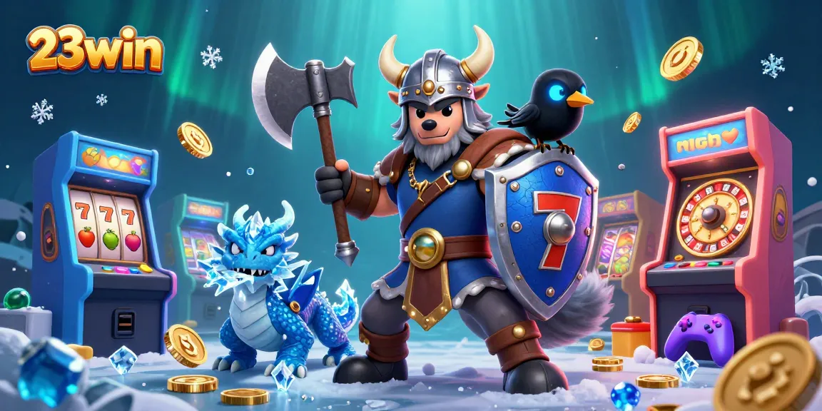 Join the excitement of 23win with a thrilling 3D illustration showcasing a Viking warrior and a dragon amidst casino elements.