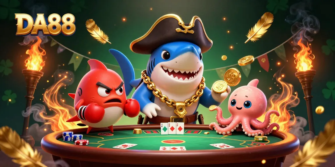 Engage in thrilling poker action with DA88 as a pirate shark and friends scatter coins and chips.