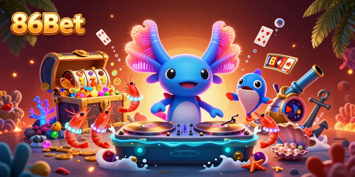 Celebrate winning at 86Bet with vibrant casino-themed underwater party illustration featuring lively characters.