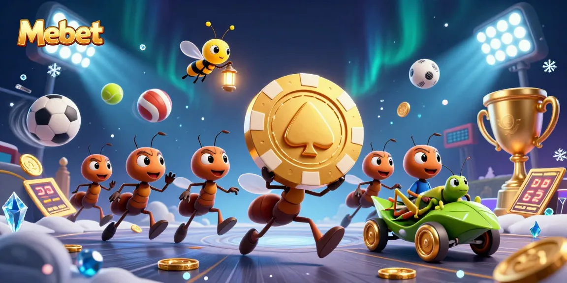 Mebet's vibrant heist scene features a team of ants with a giant poker chip, evoking fun gambling action.