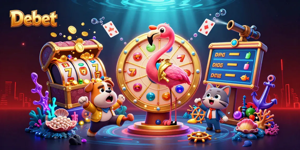 Experience the thrilling lottery draw with Debet's game show host and contestants amidst vibrant casino elements.