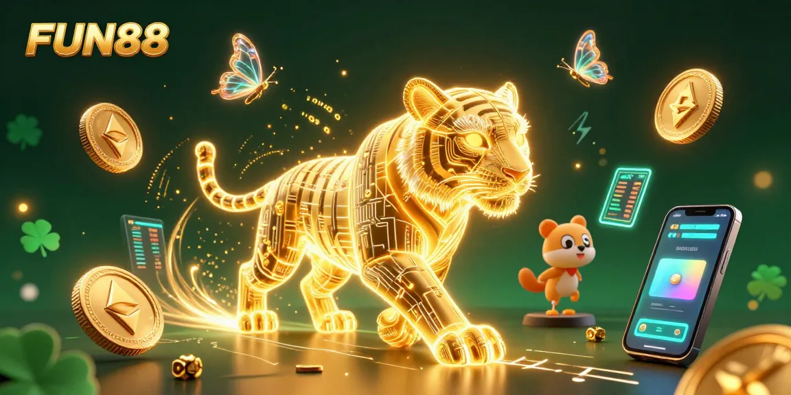 Experience the thrill of FUN88 in a vibrant digital casino filled with cryptocurrency and game elements.