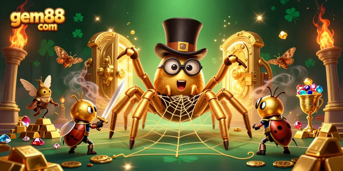 Experience dynamic gaming at gem88 com with a golden tarantula and beetle knight amidst treasures and fun elements.