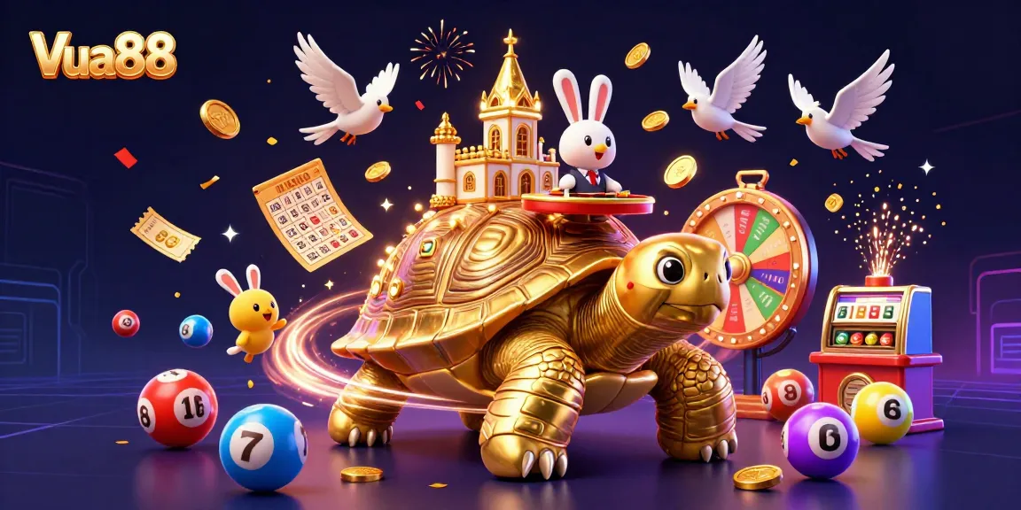 Enjoy thrilling games at Vua88 with a vibrant illustration showcasing a golden tortoise casino and exciting lottery elements.