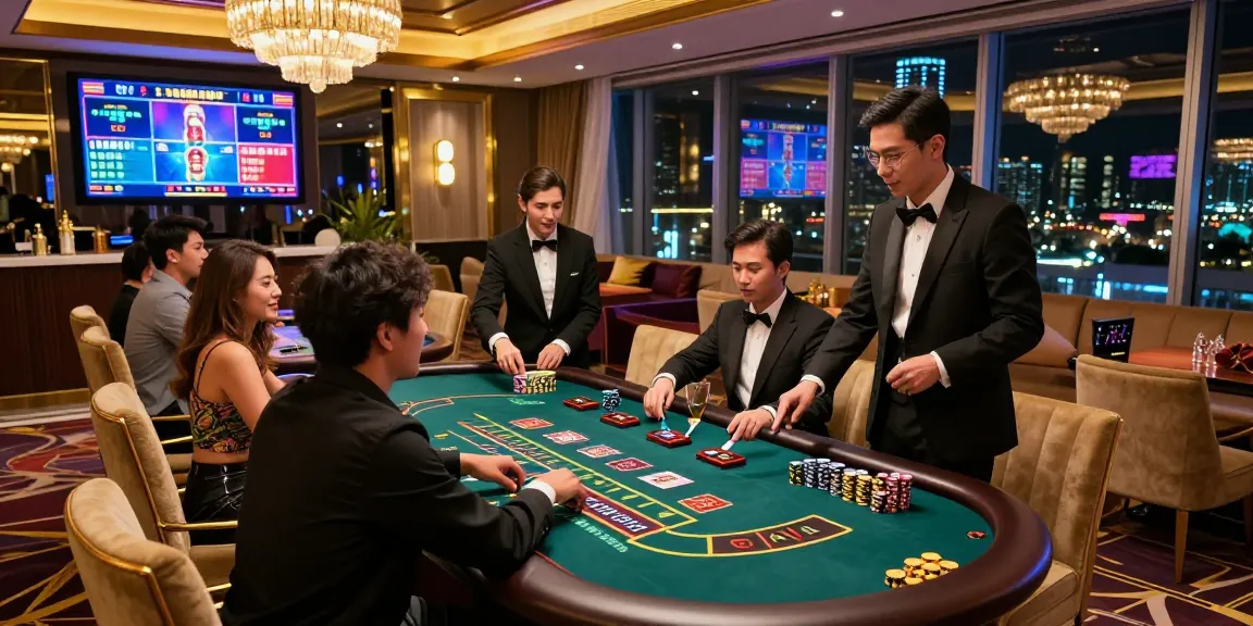Players enjoying a thrilling experience at happyluke casino, engaging in live games with vibrant atmosphere and luxurious decor.