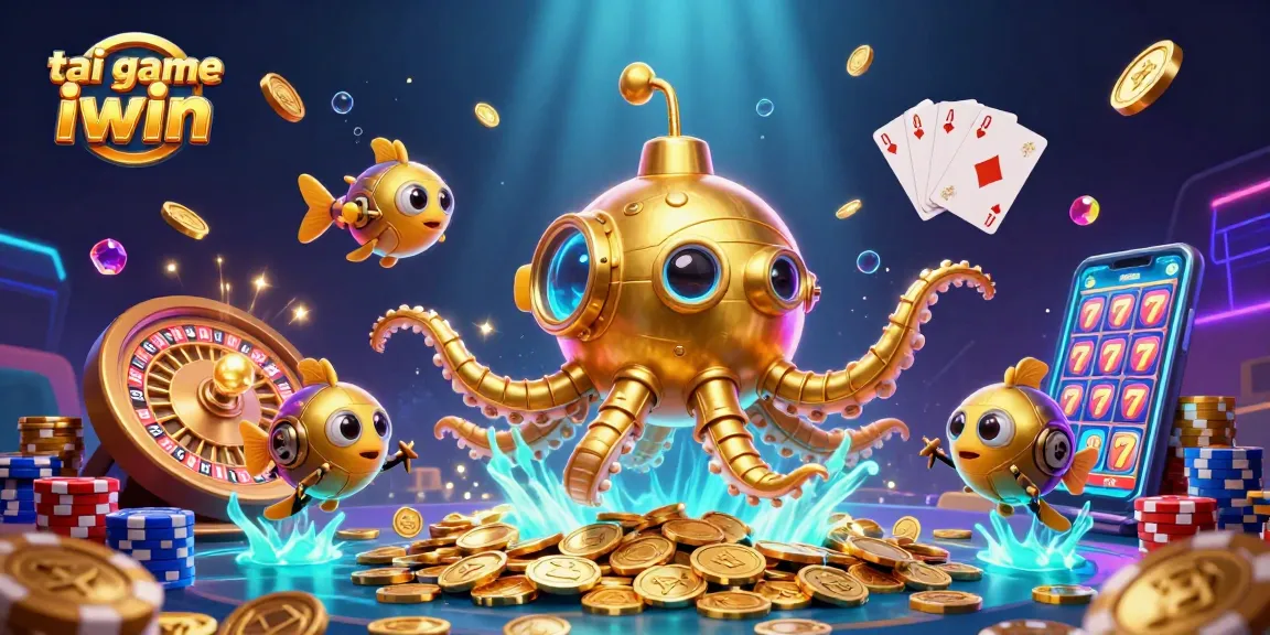 Engaging scene of tai game iwin, a golden kraken submarine amidst spinning roulette and flying playing cards.
