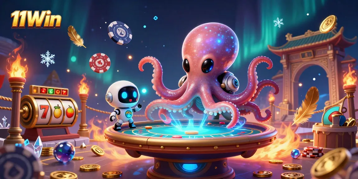 Engage with thrilling casino gameplay at 11Win while an alien octopus manages holographic poker tables.
