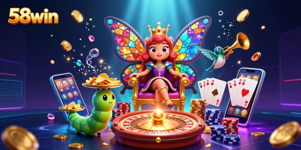 Engage with 58win's vibrant casino world featuring dynamic illustrations of games and winnings.