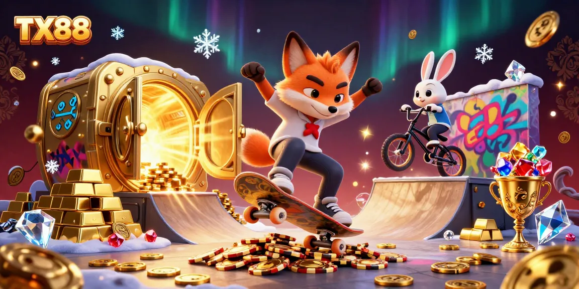 TX88 showcases thrilling gaming vibes with a skateboarder fox and BMX rabbit amidst casino treasures.