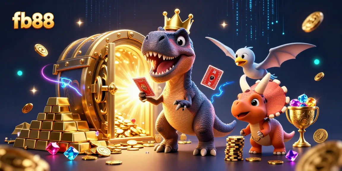 Experience thrilling moments at fb88 with a vibrant casino scene featuring a T-Rex, cards, and golden chips.