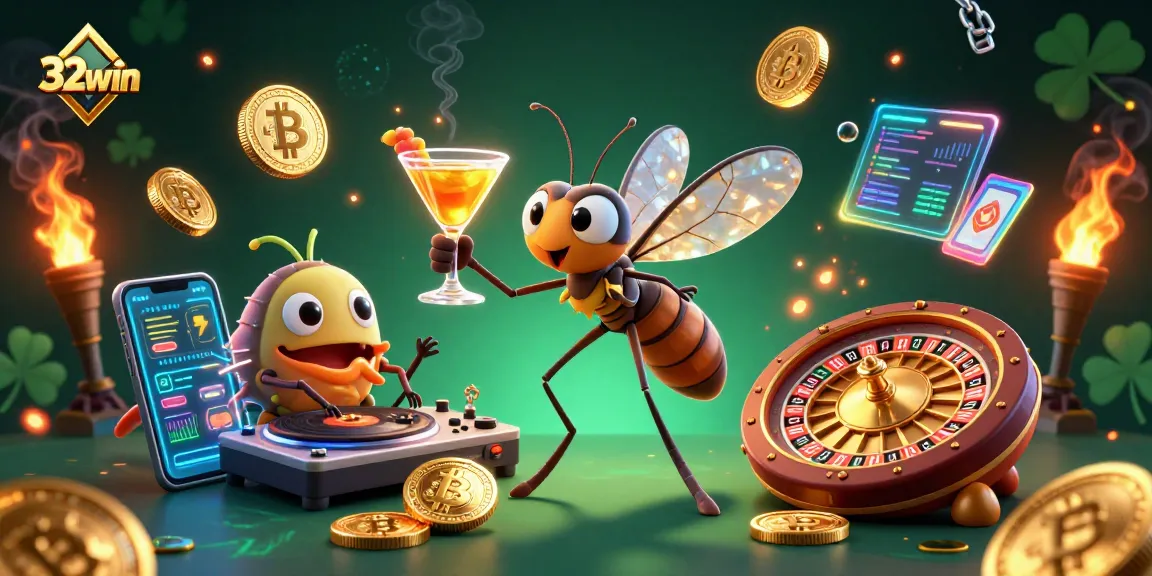 Engage with 32win's vibrant casino world featuring crypto elements and lively characters.