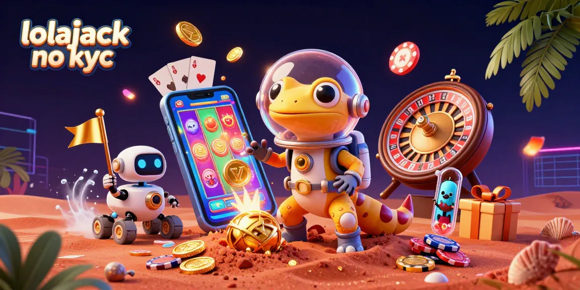 Experience lolajack no kyc with a 3D cartoon Martian gecko in a golden casino scene featuring vibrant slot games and cheerful alien bacteria.