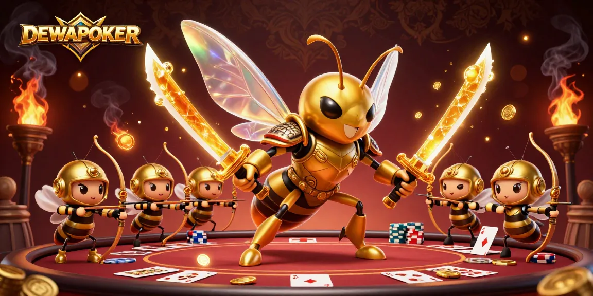 Experience DEWAPOKER with a dynamic 3D illustration depicting intense poker action featuring fantastical characters.