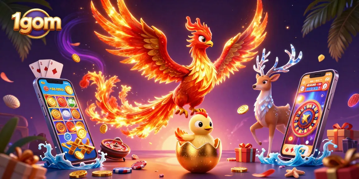 Experience thrilling gambling action with 1gom in this vibrant 3D illustration featuring majestic phoenix and fun casino elements