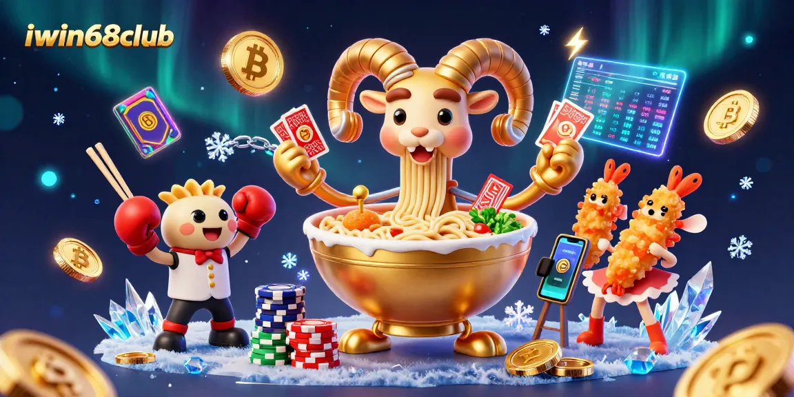 Experience the excitement of iwin68club with a golden ramen dealer, crypto coins, and lively game elements.