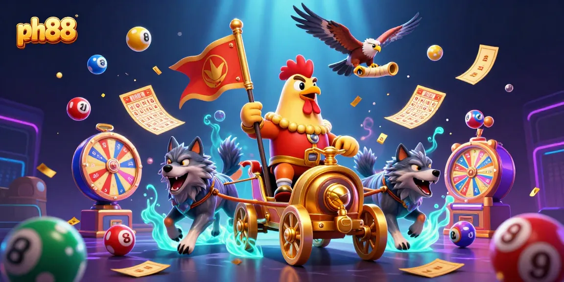 Experience thrilling games at ph88 with a dynamic illustration of a rooster warlord and casino-themed elements.