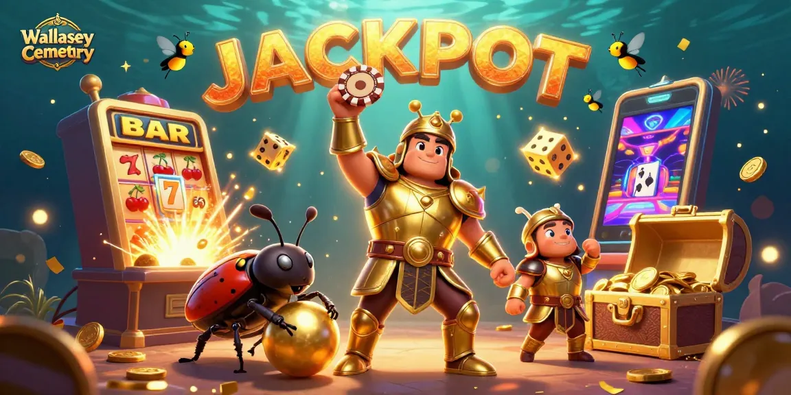 Experience vibrant wins at Wallasey Cemetery with a triumphant beetle in a gaming jackpot scene.