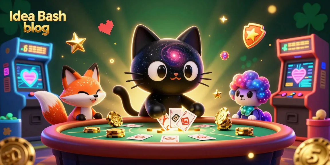 Play at the Idea Bash blog casino with a cosmic black hole cat and colorful gaming machines.