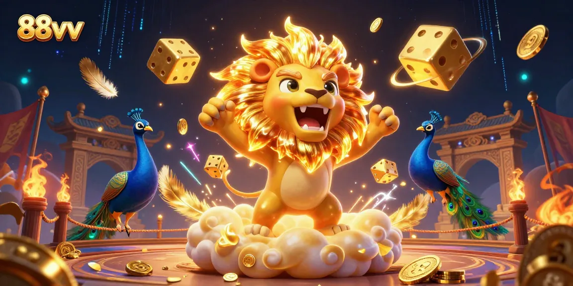 Experience thrills at 88vv with a dynamic casino adventure featuring a roaring sun lion surrounded by vibrant game elements.