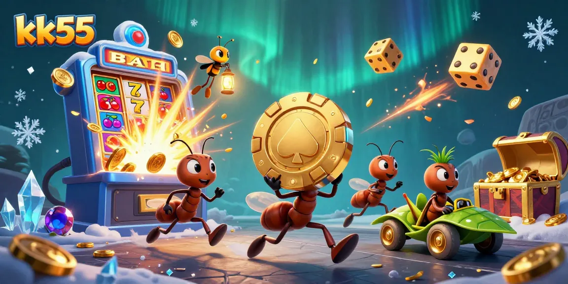 Engage with kk55 as ants embark on a heist for a giant poker chip amid vibrant casino elements.