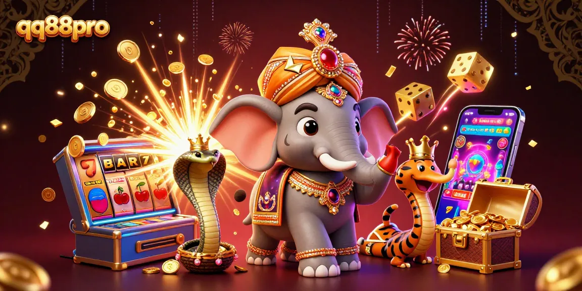 Exciting scene of qq88pro celebrating wins with a tiger maharaja, 3D slot machine, and glowing coins.