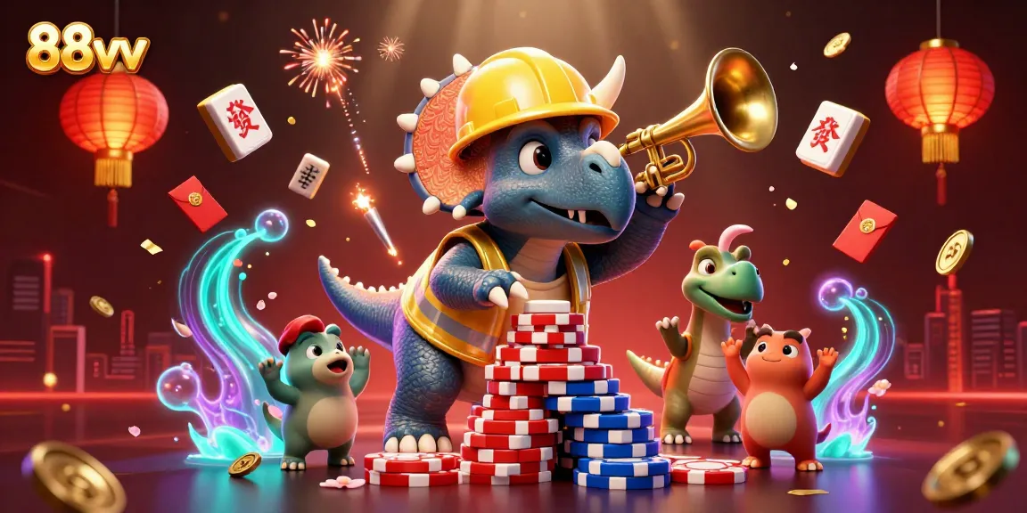 88vv triceratops building poker chip pyramid in vibrant casino-themed artwork