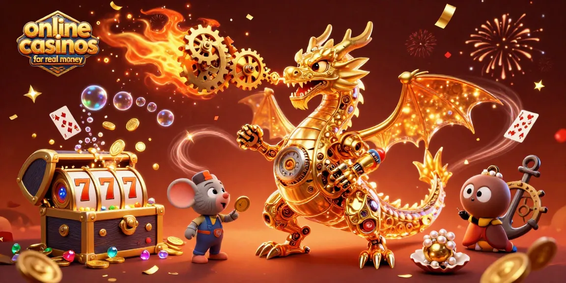 Engage with online casinos for real money as a golden dragon breathes treasures and spinning slots.