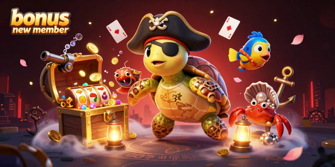 Illustration showcasing poster-style characters like a turtle and crab, emphasizing bonus new member promotions in slots.