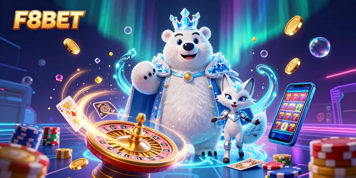Engage with F8BET's thrilling gaming experience featuring a polar bear king and snow fox among action-packed casino elements.