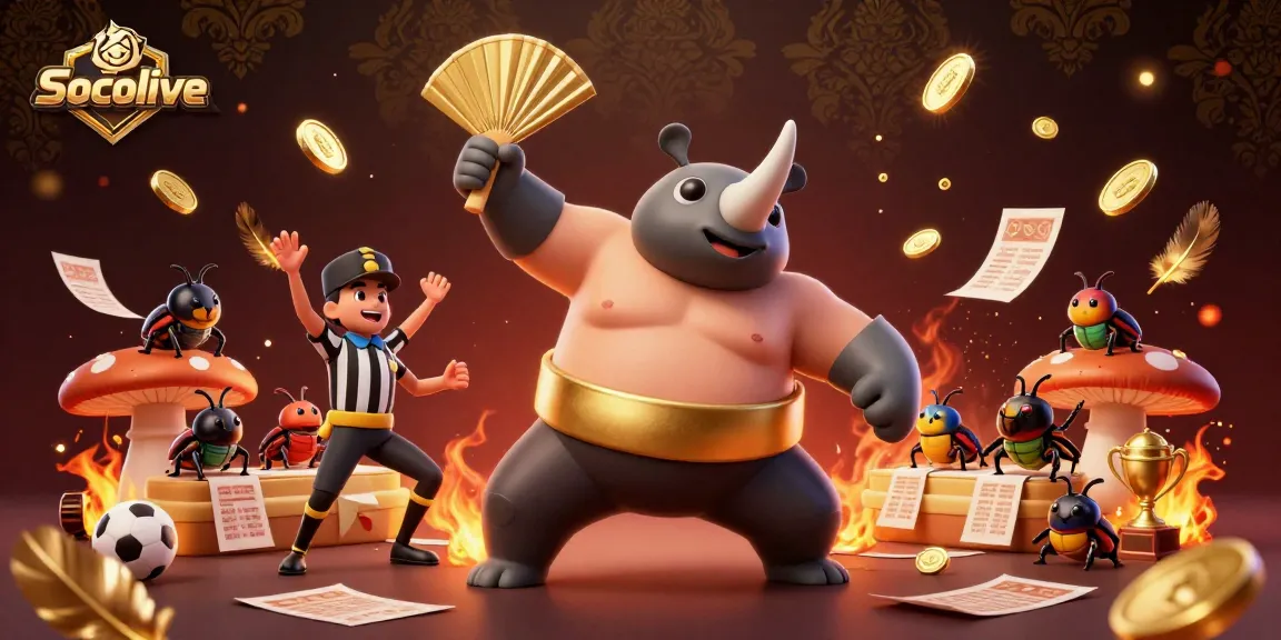 Socolive sports betting excitement illustrated with a rhinoceros beetle champion amidst dynamically swirling elements.