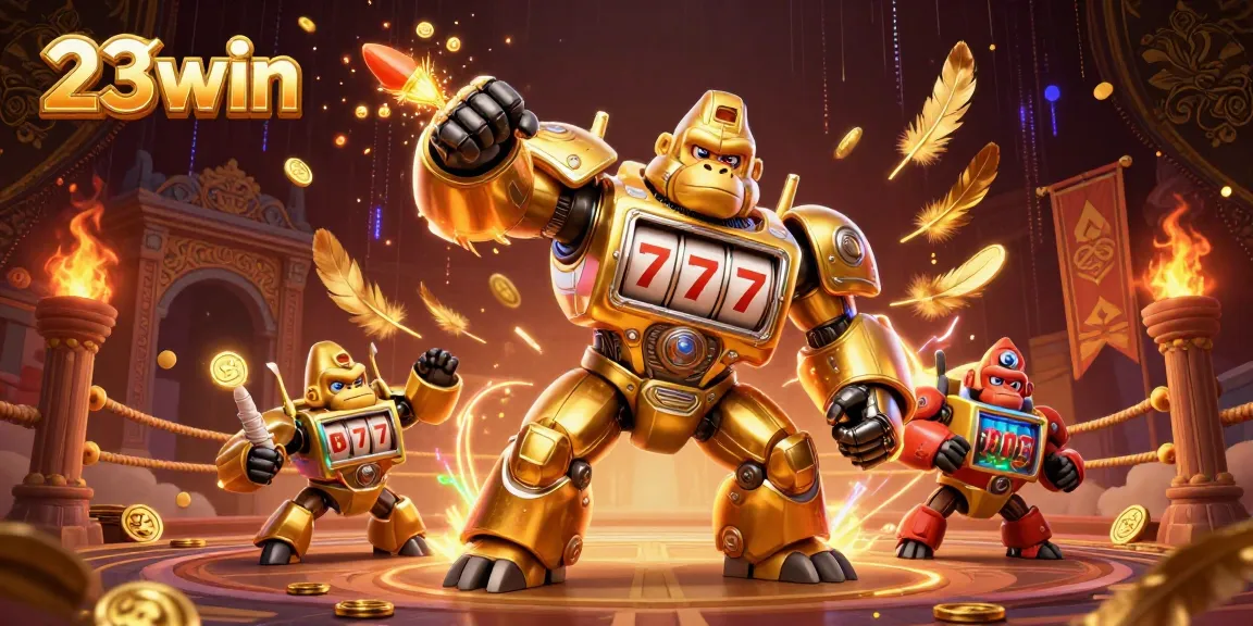 Experience thrilling jackpots with 23win's vibrant 3D illustration featuring a golden gorilla mech.