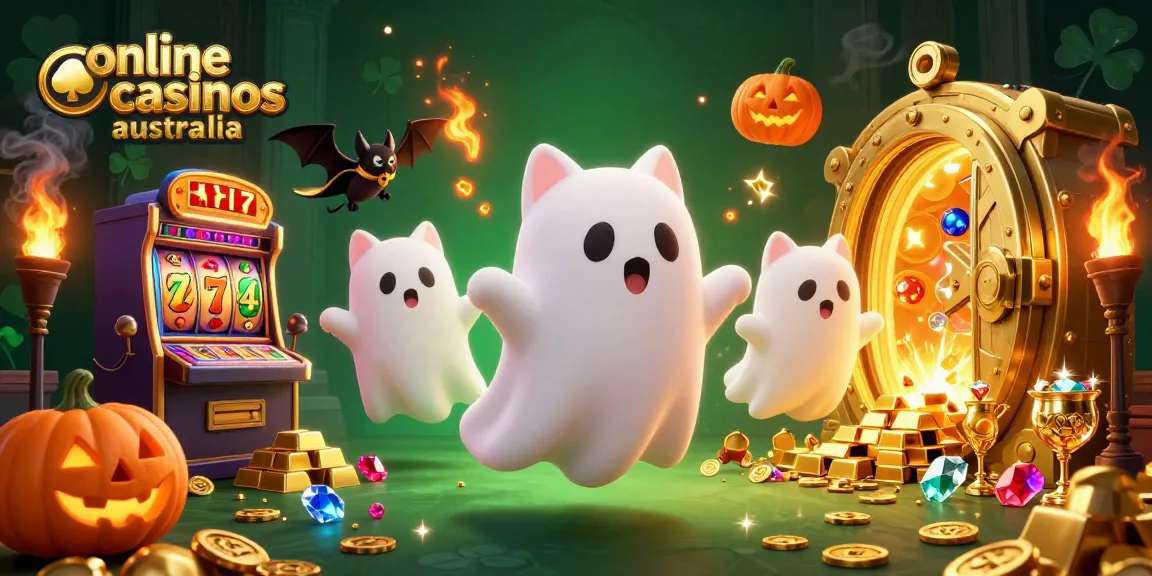 Engaging scene showcasing online casinos Australia with a friendly ghost cat and treasures.