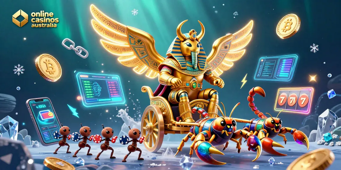 Engage with vibrant visuals representing online casinos Australia featuring a golden scarab and crypto elements.